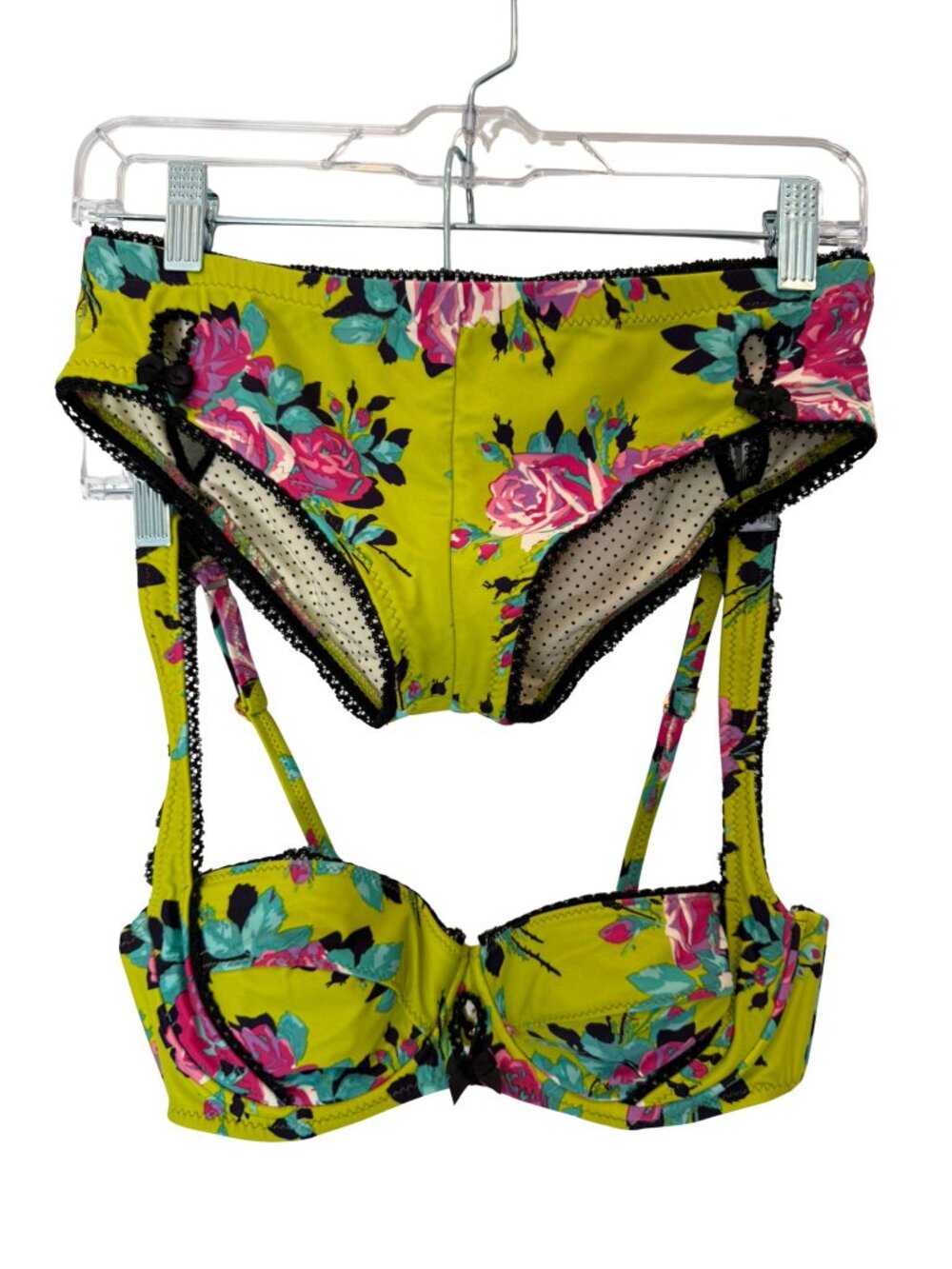 Vintage Betsey Johnson Swim Bikini Set M Y2K Floral Lip Charm USA Made